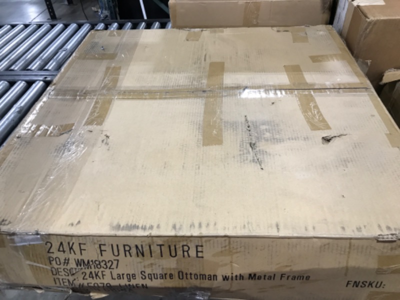 Photo 1 of 24KF Middle Century Upholstered Tufted Coffee Table with Linen Padded Seat, Large Square Ottoman with Black Metal Frame -Linen square ottoman with metal frame Linen -Ottoman With Metal Base