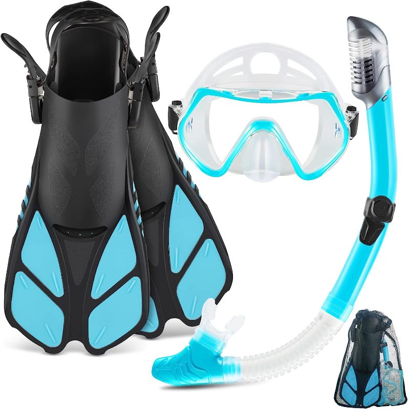 Photo 1 of  Mask Fin Snorkel Set, Travel Size Snorkeling Gear for Adults with Panoramic View Anti-Fog Mask, Trek Fins, Dry Top Snorkel and Gear Bag for Swimming Training, Snorkeling Kit Diving Packages