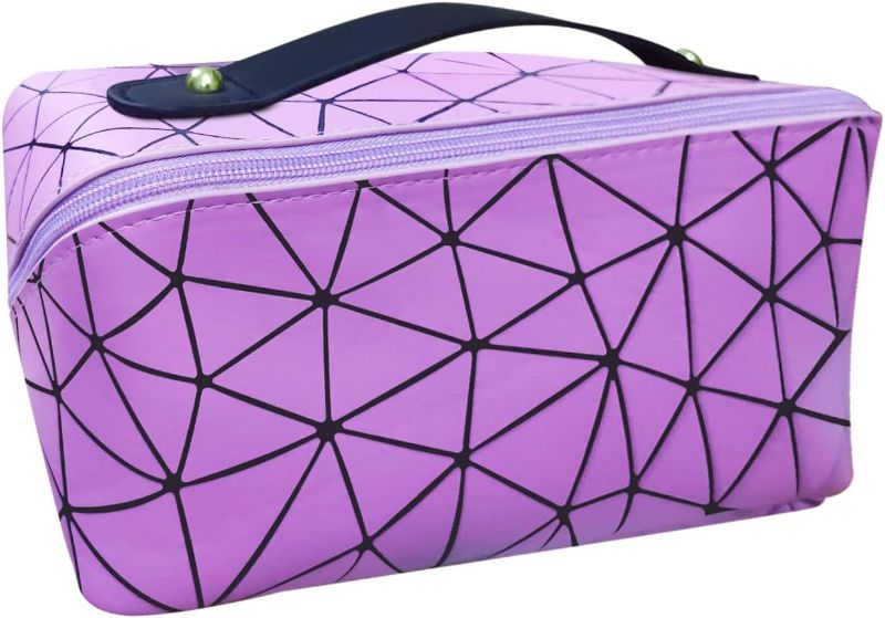 Photo 1 of Adorezyp Large Capacity Travel Cosmetic Bag for Women and Girls,Makeup Bag,Waterproof Portable PU Leather Makeup Organizer Bag with Dividers and Handle (Purple)
