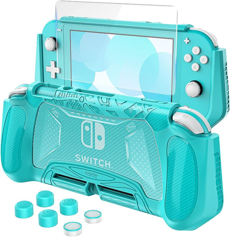 Photo 1 of HEYSTOP Switch Lite Case Cover, Switch Lite Protective Case with Game Card Storage, Tempered Glass Screen Protector and Thumb Grip, Switch Lite Grip Case Anti-Scratch Non-Slip Case, Turquoise
