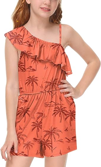 Photo 1 of BesserBay Girls Adjustable Strap One Shoulder Rompers Floral Printed Ruffle Jumpsuits with Pockets 13-14 Years