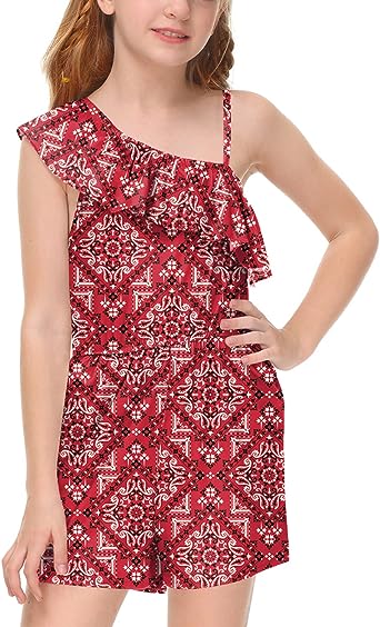 Photo 1 of BesserBay Girls Adjustable Strap One Shoulder Rompers Floral Printed Ruffle Jumpsuits with Pockets 5-6 Years