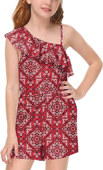 Photo 1 of BesserBay Girls Adjustable Strap One Shoulder Rompers Floral Printed Ruffle Jumpsuits with Pockets 6-7 Years 