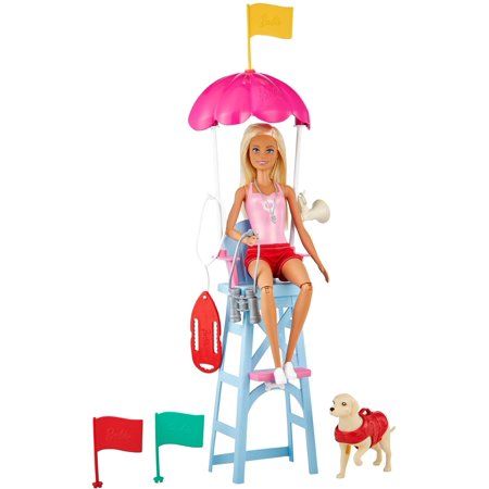 Photo 1 of Barbie Career Lifeguard Playset Blonde Doll Swim Outfit Lifeguard Chair Umbrella Megaphone Binoculars 2 Flags Dog Figure and More
