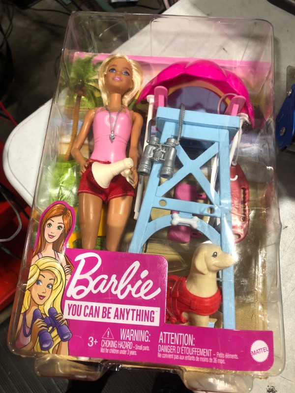 Photo 2 of Barbie Career Lifeguard Playset Blonde Doll Swim Outfit Lifeguard Chair Umbrella Megaphone Binoculars 2 Flags Dog Figure and More
