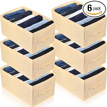 Photo 1 of 6 Pcs Wardrobe Clothes Organizers 6 Grid Foldable Closet Drawer Organizer Stackable Clothing Storage Bins with Built in PP Board and Handles for Jean, Sweater, Dress, Pants, Coat, Grey and white
