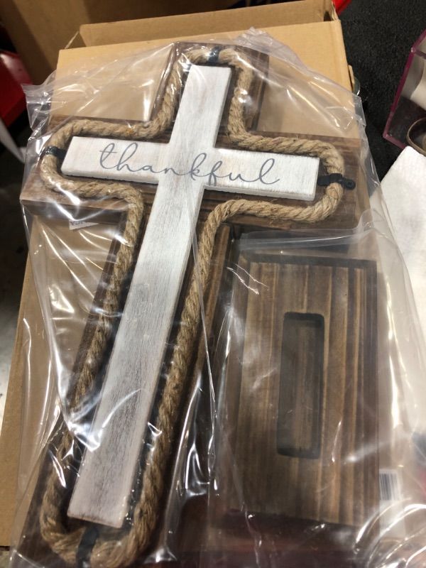 Photo 2 of Wall Wooden Cross with Wooden Base Christians Crosses Spiritual Religious Cross Christmas Wall Hanging Handmade Wood Cross Hemp Rope & Thankful Design for Church Home Room Decor Wood Crucifix Gift. Thankful style