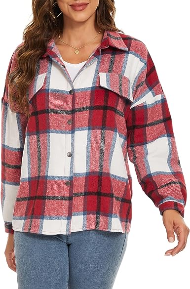 Photo 1 of American Trends Flannel Jacket Women Plaid Jackets for Women Fall Flannel Shacket Long Sleeve Lapel Collar Shirts Coats size L