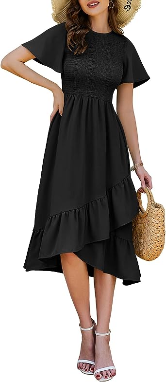 Photo 1 of Bridesmay Women's Smocked Midi Dress 2023 Summer Short Sleeve Crew Neck Flowy Ruffle Hem A Line Tiered Beach Dresses Size M