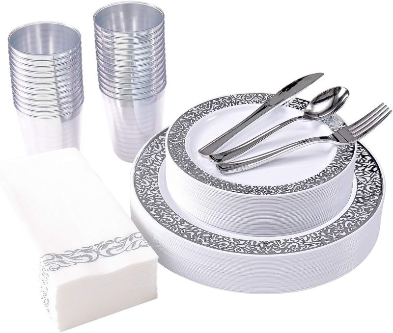 Photo 1 of 175 Piece Silver Dinnerware Set 25 Guest-50 Silver Lace Plastic Plates-25 Silver Plastic Silverware-25 Silver Plastic Cups-25 Linen Like Silver Paper Napkins, FOCUSLINE Disposable Dinnerware Set