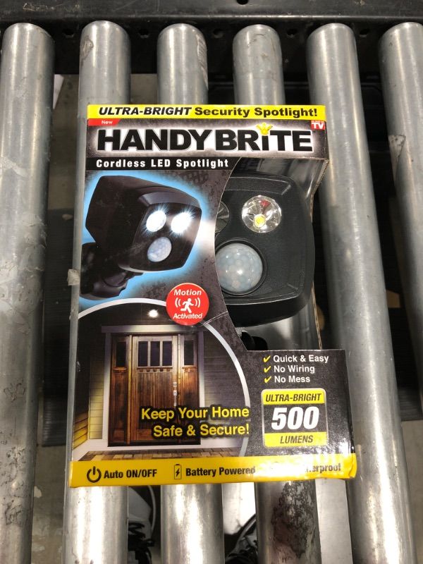 Photo 1 of Ontel Handy Brite Ultra-Bright Cordless LED Security Spotlight, 500 Lumens, Motion-Activated, Battery Powered, Weatherproof Light with Auto On/Off - Quick & Easy Set Up, No Wiring