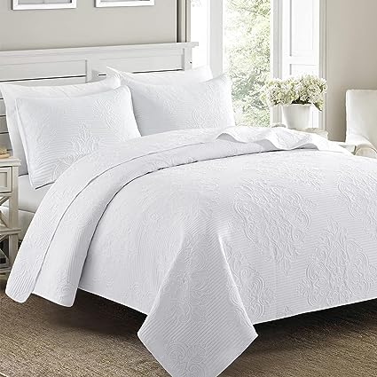 Photo 1 of sofani Full/Queen Size White Quilted Bedspreads(90x96 inches) - Super Soft Lightweight Ultrasonic Embossed Microfiber Quilt Coverlet Set for Queen Bed(Includes 1 Quilt, 2 Shams)
