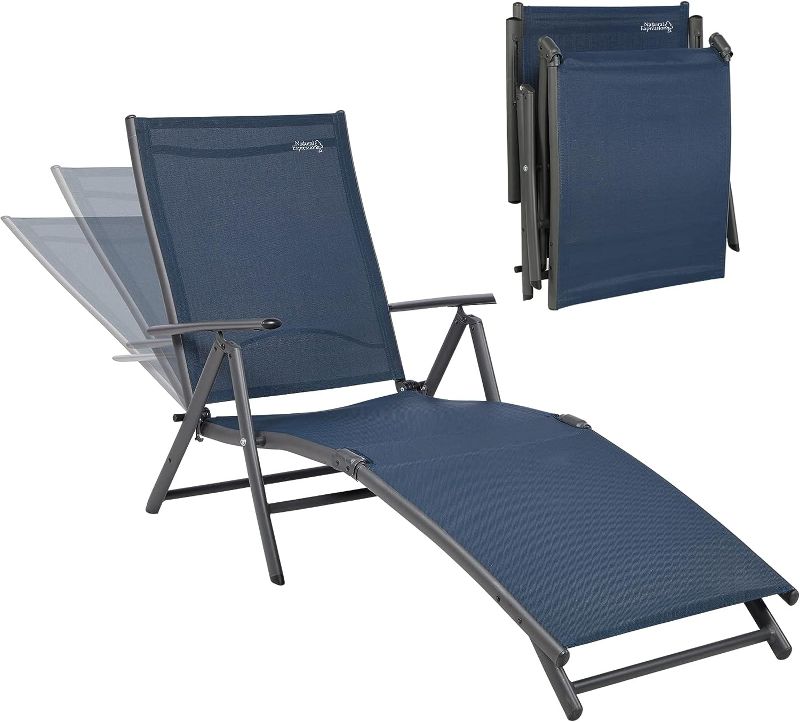 Photo 1 of  Chaise Lounge Outdoor, Pool Lounger Chairs Portable Folding Aluminum Patio Recliner Chair with 7 Position Adjustable Backrest for Beach, Backyard, Poolside,Lawn Supports 300 lbs Navy Blue(1)