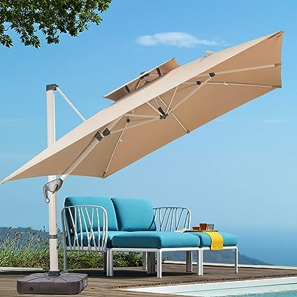 Photo 1 of 10 x 10 FT Square Cantilever Umbrella with Cross Base and Cover Included - 360° Rotation Offset Patio Umbrella Large Heavy Duty Outdoor Umbrella with Easy Tilt for Pool Backyard Deck Garden, Khaki