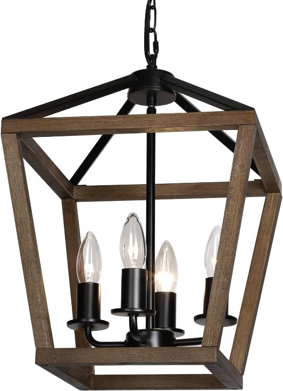 Photo 1 of -Light Lantern Pendant Light,Black Wood Cage Farmhouse Chandelier for Kitchen Island,12'' Rustic Metal Geometric Hanging Lighting Fixture for Kitchen Island Dining Room Bedroom