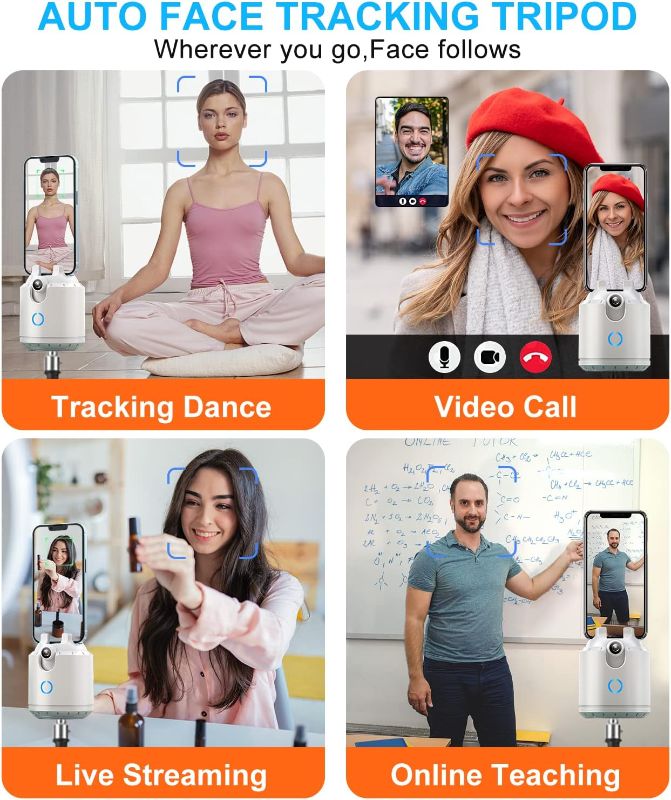 Photo 1 of Auto Face Tracking Tripod,No App,360° Horizontal and 40° Vertical Rotation Body Phone Camera Mount Smart Shooting Phone Holder for Video Recording with Travel Bag,Rechargeable Battery, White 