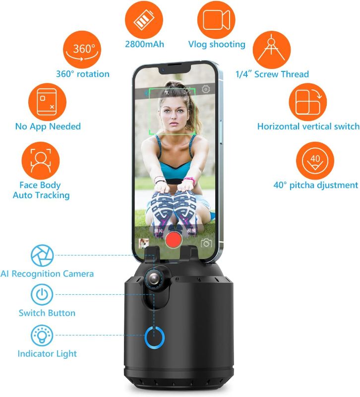 Photo 1 of Auto Face Tracking Tripod,No App,360° Horizontal and 40° Vertical Rotation Body Phone Camera Mount Smart Shooting Phone Holder for Video Recording with Travel Bag,Rechargeable Battery, White 