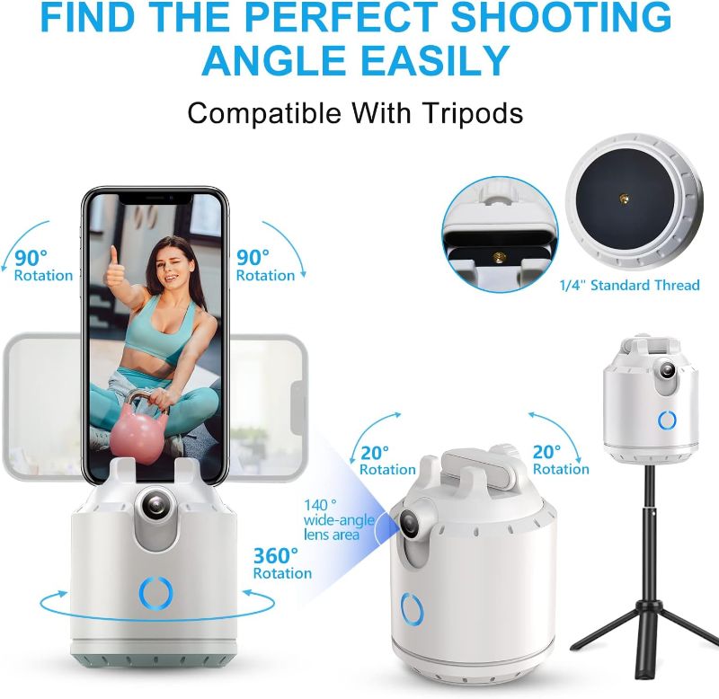 Photo 1 of Auto Face Tracking Tripod,No App,360° Horizontal and 40° Vertical Rotation Body Phone Camera Mount Smart Shooting Phone Holder for Video Recording with Travel Bag,Rechargeable Battery, White 
