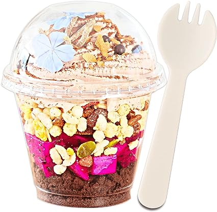 Photo 1 of 200 Pcs Set of Disposable Plastic Cups with Dome/ Flat Lids, Include 100 Plastic Containers with Lids 100 Plastic Spork, Party Clear Cups with Lids for Food Ice Cream Dessert (Dome Lid,8 oz)