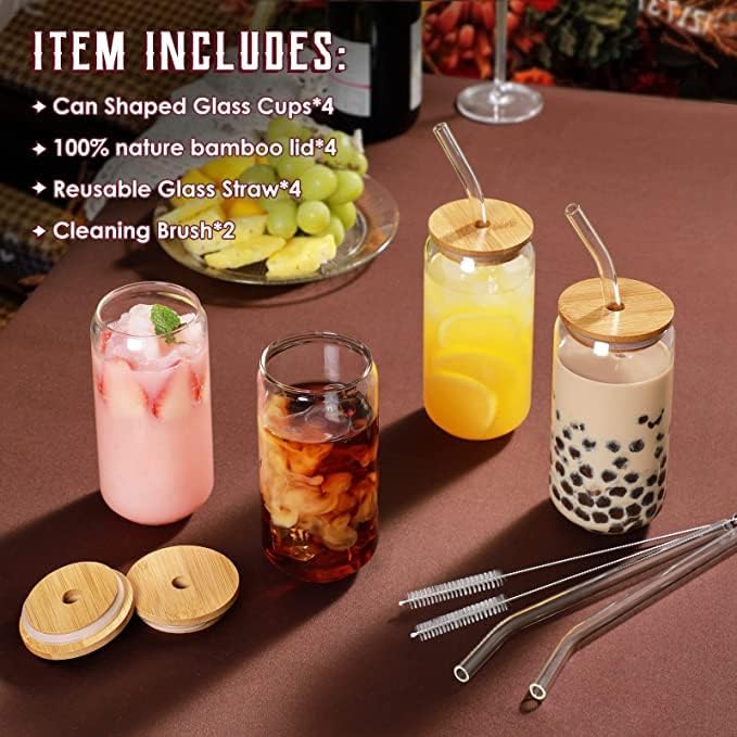 Photo 1 of 20 OZ Glass Cups with Bamboo Lids and Glass Straw - 4pcs Set Beer Can Shaped Drinking Glasses, Iced Coffee Glasses, Cute Tumbler Cup for Smoothie, Boba Tea, Whiskey, Water - 2 Cleaning Brushes