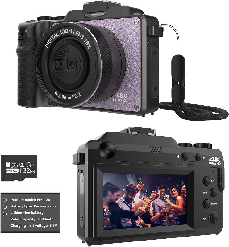 Photo 1 of OIEXI 48MP Camera for Photography,4K Digital Camera for Kids and Adults with Front and Rear Dual Cameras,18X Digital Zoom,Built-in 7 Color Filters,32GB TF Card,Rechargeable Battery(Lilac Violet)
