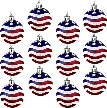 Photo 1 of 12 Pieces Patriotic Hanging Ornament Decoration Ball 4th of July Hanging Decorations Independence Day Red White Blue Ornaments for Tree Decorations Party(Exquisite Style,12 Pieces)
