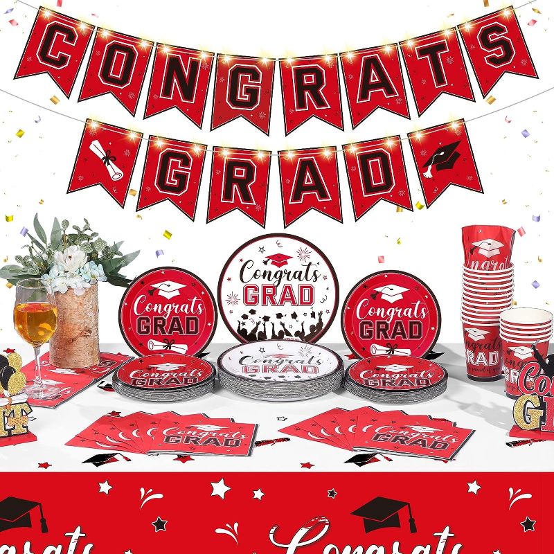 Photo 1 of 123 PCS Congrats Grad Party Set Serve for 30 Graduation Decoration Banner with LED Light Class of 2023 Party Supplies Plates Tablecloth Cups Napkins for Celebration Prom Party Supply(Red)
