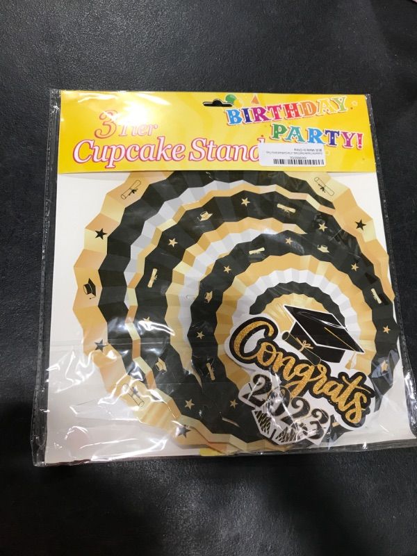Photo 1 of Graduation Decorations Cupcake Stand, 2023 Graduation Theme Party Supplies for Celebration College and High School Party Cupcake Decoration 3 Tier Cardboard Service Trays