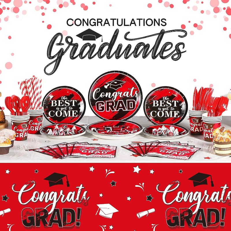 Photo 1 of 193 Pcs Congrats Grad Party Supplies Set Graduation Decoration Class of 2023 Graduate Tablecloth Cups Plates Napkins Tableware for Event Celebration Party Supply, Serves 24 (Red and White)