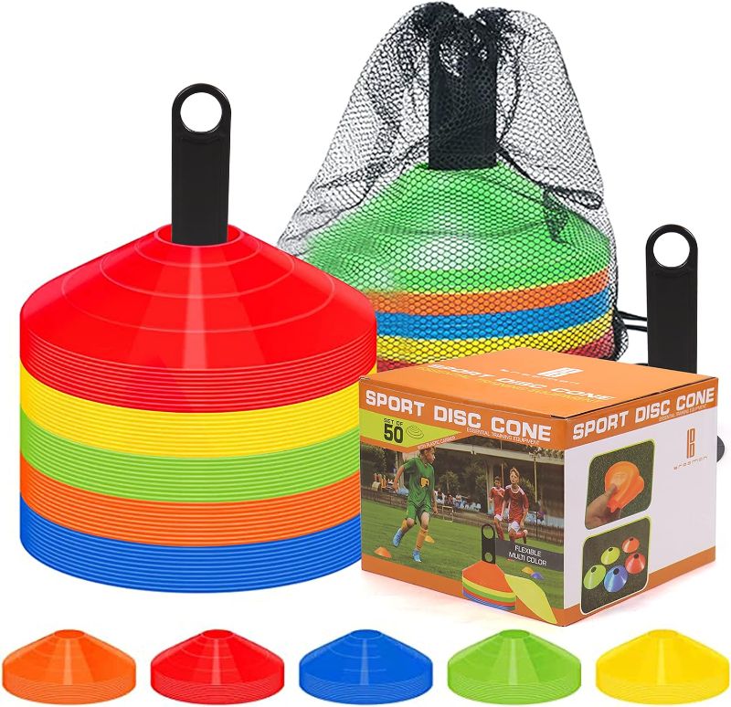 Photo 1 of brooman 50-Pack Soccer Disc Cones Training Sports Cone with Carry Bag and Holder for Kids Football Basketball Drills Field Markers 