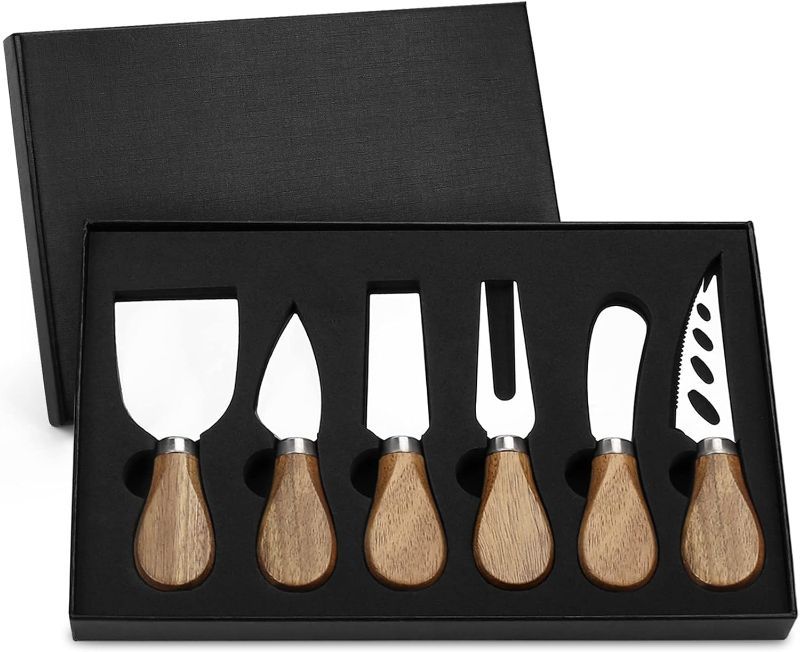 Photo 1 of 6-Piece Cheese Knife Set with Gift Box, Stainless Steel Cheese Knives Collection-Charcuterie Board Accessories, Cheese Cutter Slicer Spreader Fork, Butter Tool Cutlery Gift Set for Chirstmas New Year - STOCK PHOTO FOR REFERENCE ONLY. ITEM IS ALL ONE COLOR