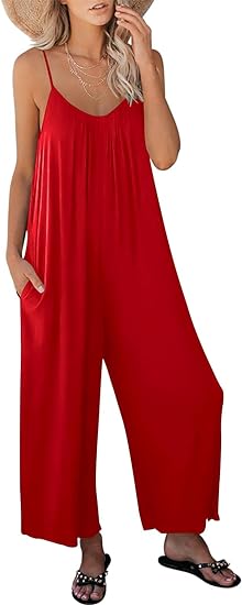 Photo 1 of ANRABESS Women's Loose Casual Sleeveless Adjustable Spaghetti Strap Jumpsuits Stretchy Wide Leg Rompers with Pockets 