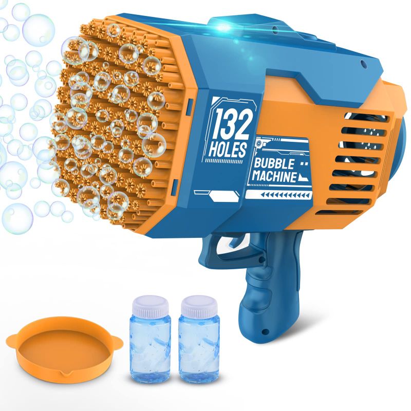 Photo 1 of 132 Holes Bubble Gun Machine - Rocket Bubbles Blaster with Led Lights Summer Idea Gifts Toys for Kids Boys Girls 3 4 5 6 7 8 9 10 11 12 Years Old (Blue) 132 Holes Blue