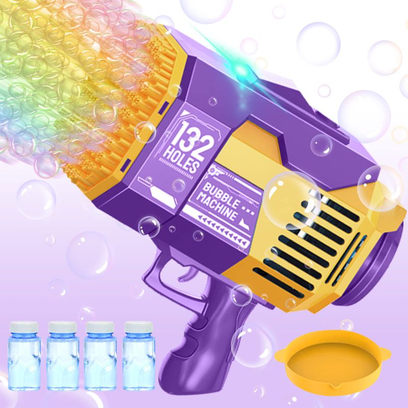 Photo 1 of 132 Holes Bubble Machine Gun-Big Rocket Boom Bubble Blower/Bubble Gun Blaster with Colored Lights, Giant Foam Maker Guns Toys Wedding Outdoor Party Gift for Kids Adults (Purple) 132 Purple Gold