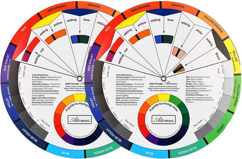 Photo 1 of 2 Packs Creative Color Wheel, Paint Mixing Learning Guide Art Class Teaching Tool for Makeup Blending Board Chart Color Mixed Guide Mix Colours (9.25inch) 