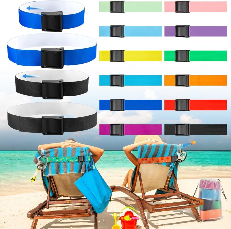 Photo 1 of 12 Pack Towel Bands for Beach Chairs Towel Clips for Pool Chairs with Storage Bag Lounge Beach Cruise Chair Towel Strap Holder Elastic Windproof Beach Accessories for Summer (Bright Style)