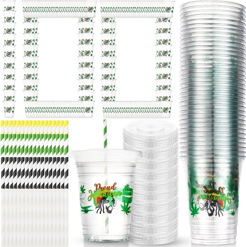 Photo 1 of 100 Pcs Jamaica Plastic Cups Set 16 oz Disposable Cups with Lids and Paper Straws 