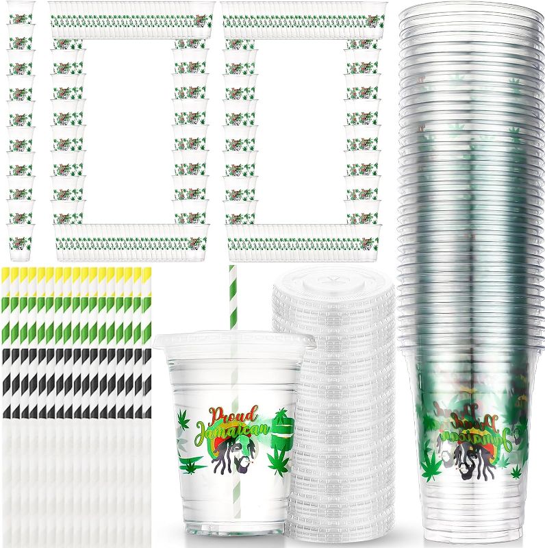 Photo 1 of 100 Pcs Jamaica Plastic Cups Set 16 oz Disposable Cups with Lids and Paper Straws Clear Iced Coffee Cup Plastic Tumblers Jamaican Decorations for Party Milkshakes Smoothies Cold Drinks