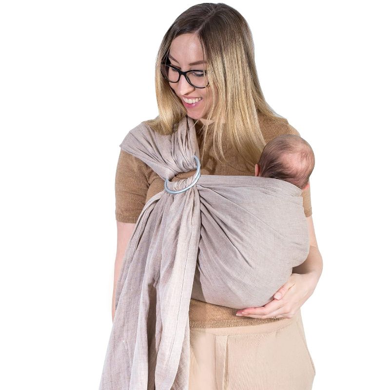 Photo 1 of Baby Sling and Ring Sling 100% Cotton Muslin, Ring Sling Baby Carrier Front and Chest Newborn Carrier Baby Carrier Wrap, Toddler Carrier (Sand) 