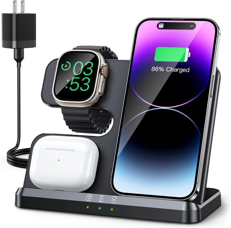 Photo 1 of Wireless Charging Station, 3 in 1 Wireless Charger Compatible with iPhone 14/13 Pro/13/12/11/Pro/SE/XS/XR/X/8 Plus/8, 18W Wireless Charging Dock Stand for Apple Watch Series & Airpods (with Adapter) Awireless charger -black