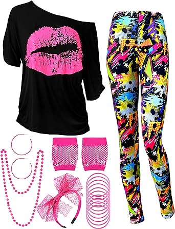 Photo 1 of 80s Women Costume Set, T-Shirt, Geometric Legging Pants Earring Necklace Gloves Bracelet XL