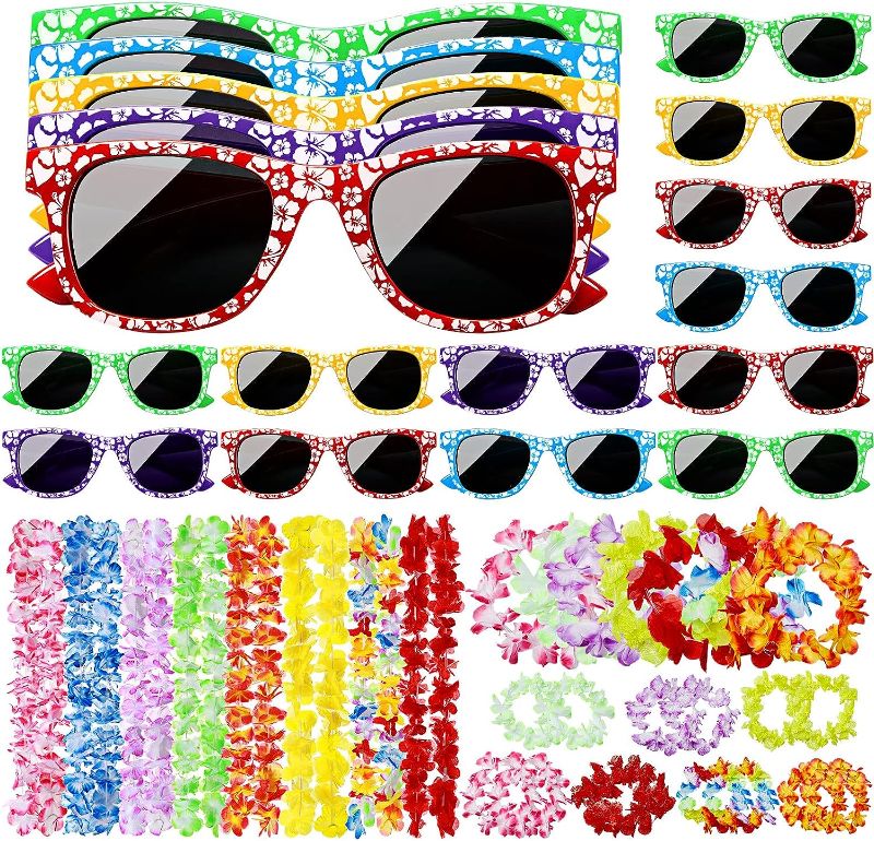 Photo 1 of 125 Pcs Hawaiian Party Favors 25 Pieces Luau Glasses And 100 Pcs Hawaiian Leis Necklaces Bracelets Headbands Luau Party Supplies Beach Party Decorations Supplies