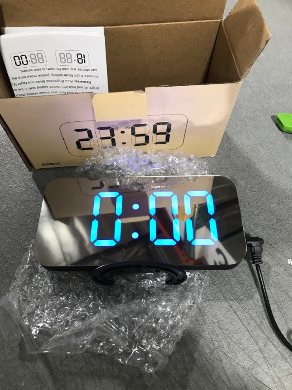 Photo 1 of Digital Alarm Clock,Mirror Surface LED Electronic Clocks,with USB Charger,Snooze Model, Auto/Custom Brightness,for Office Table Bedroom Nightstand(Black-Blue)