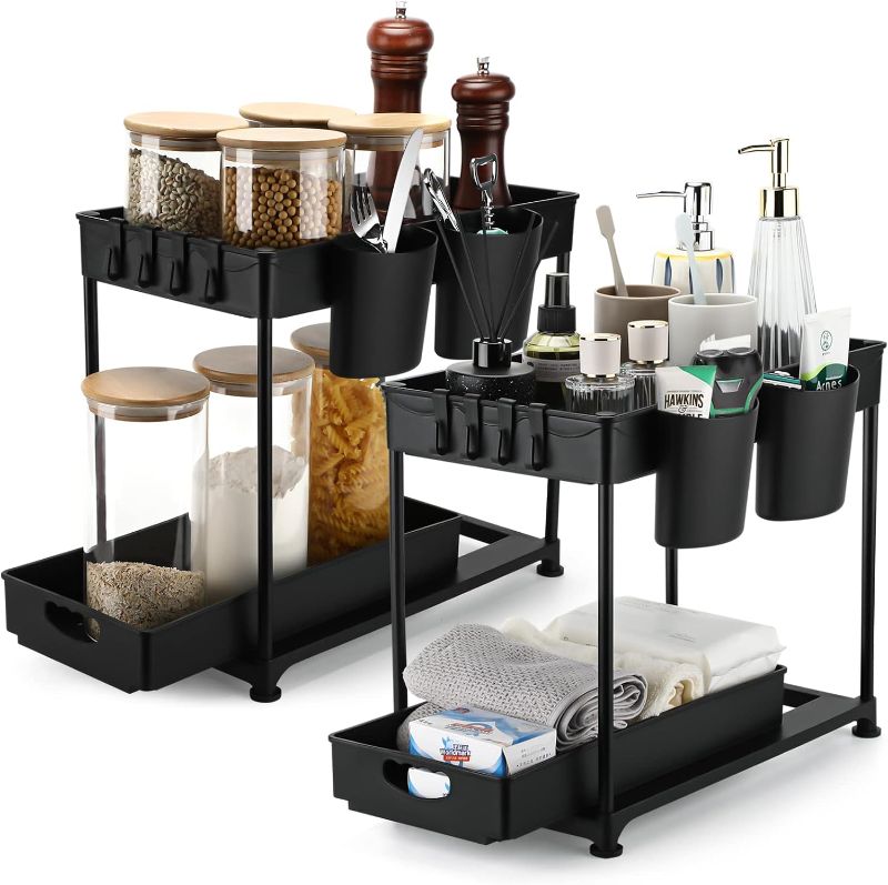 Photo 2 of 2 Under Sink Organizers and Storage, 2 Tier Cabinet Organizer and Bathroom Sink Organizer Baskets with 8 Hooks and 4 Hanging Cups with Sliding Drawer for Kitchen and Bathroom, 13 x 9 x 15.7 inch
