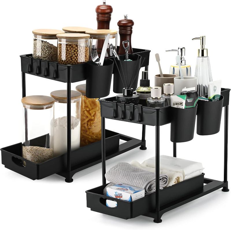 Photo 1 of 2 Under Sink Organizers and Storage, 2 Tier Cabinet Organizer and Bathroom Sink Organizer Baskets with 8 Hooks and 4 Hanging Cups with Sliding Drawer for Kitchen and Bathroom, 13 x 9 x 15.7 inch
