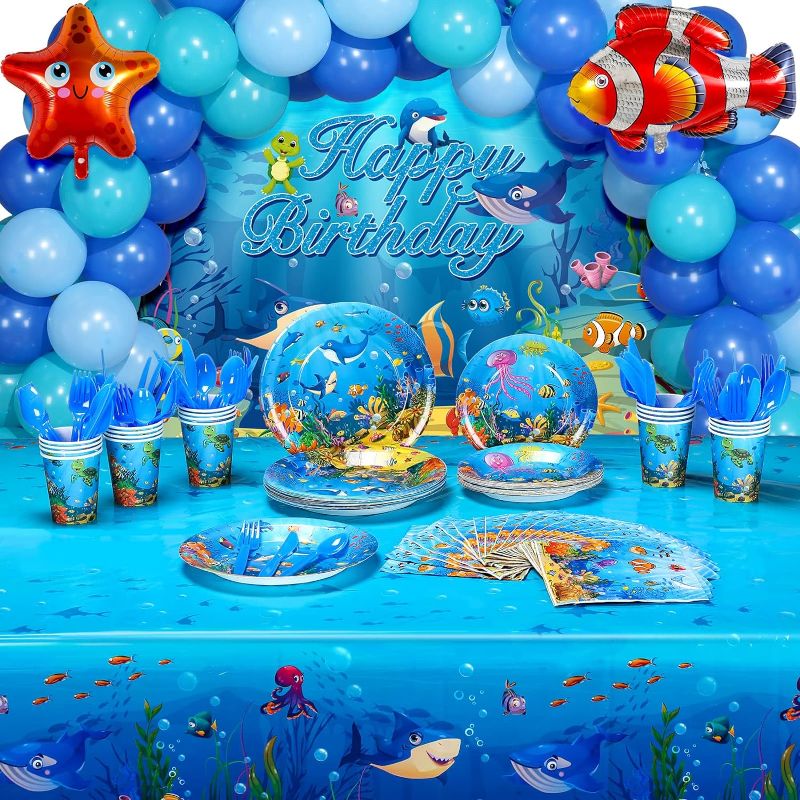 Photo 1 of 167 Pcs Ocean Sea Party Decorations Ocean Sea Party Supplies Tableware Set Paper Plates Napkins Cups Cutlery Banner Tablecloth Balloons for Beach Ocean Birthday Decorations 16 Guests
