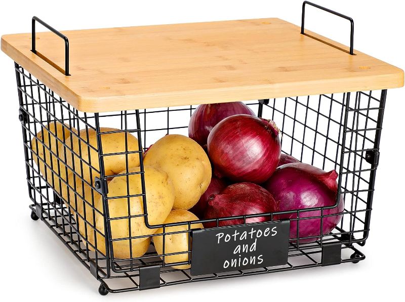 Photo 1 of 1 Pack, Stackable Kitchen Counter Basket with Bamboo Top - Pantry Organization and Storage Wire Organizing Basket - Cabinet Countertop Organizer Bins for Produce, Fruit, Vegetable (Onion, Potato), Bread
