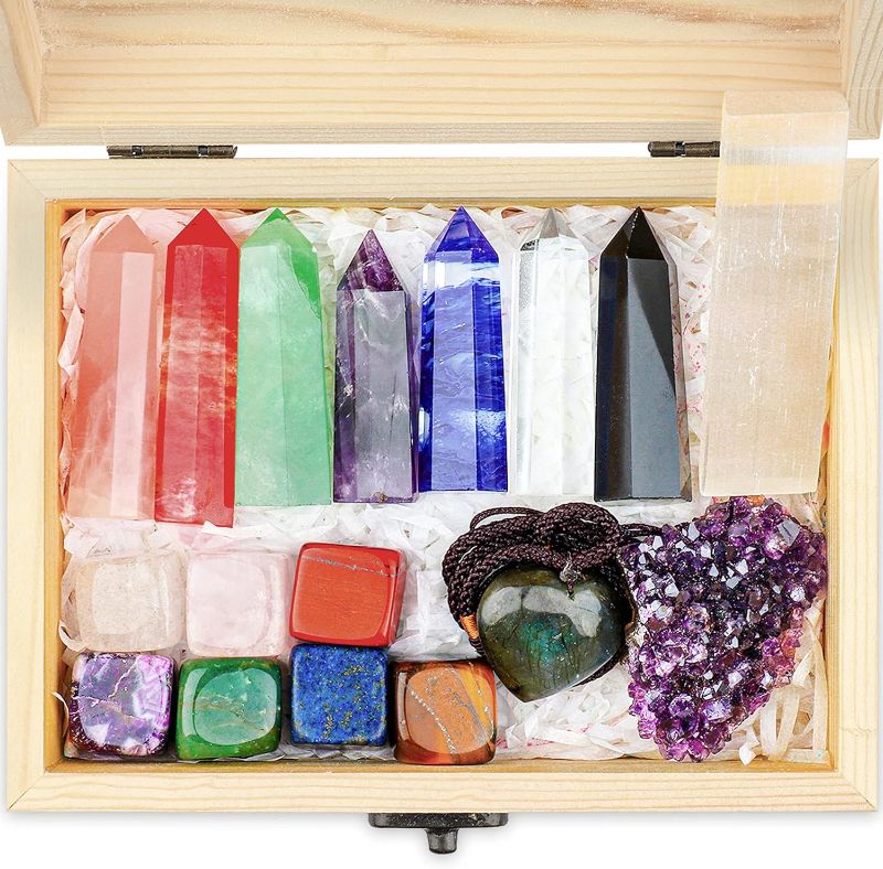 Photo 1 of 17 pieces of natural healing crystal wooden box set, chakra crystal wand, yoga and meditation accessories, chakra spiritual decoration, gifts for women, men
