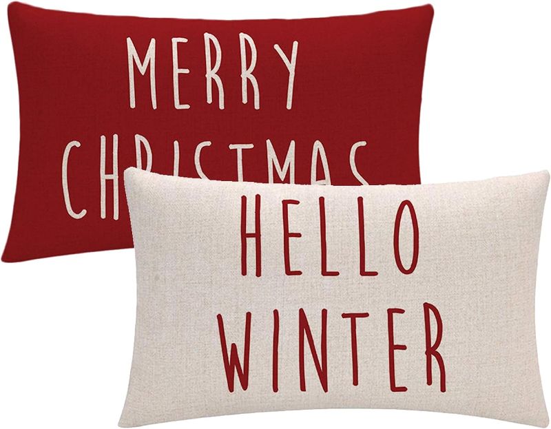 Photo 1 of 2Pack Red Christmas Decor Throw Pillow Covers Merry Christmas Hello Winter Rectangular/Waist Cushion Covers Farmhouse Christmas Winter Holiday Pillowcases 12" x 20",for Sofa Porch Patio
