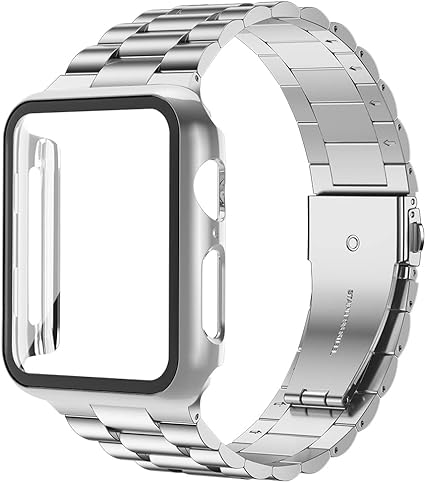 Photo 1 of baozai Compatible with Apple Watch Band with Case, Stainless Steel Band with Glass Screen Protector Case for iWatch Series 8/7/6/5/4/3/2/1/SE/Ultra
